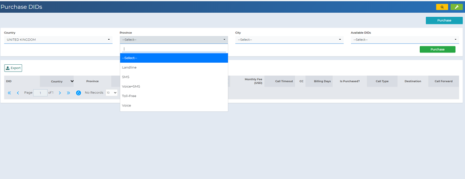Purchase and Release a local number 1 Purchase local number form with country and province fields